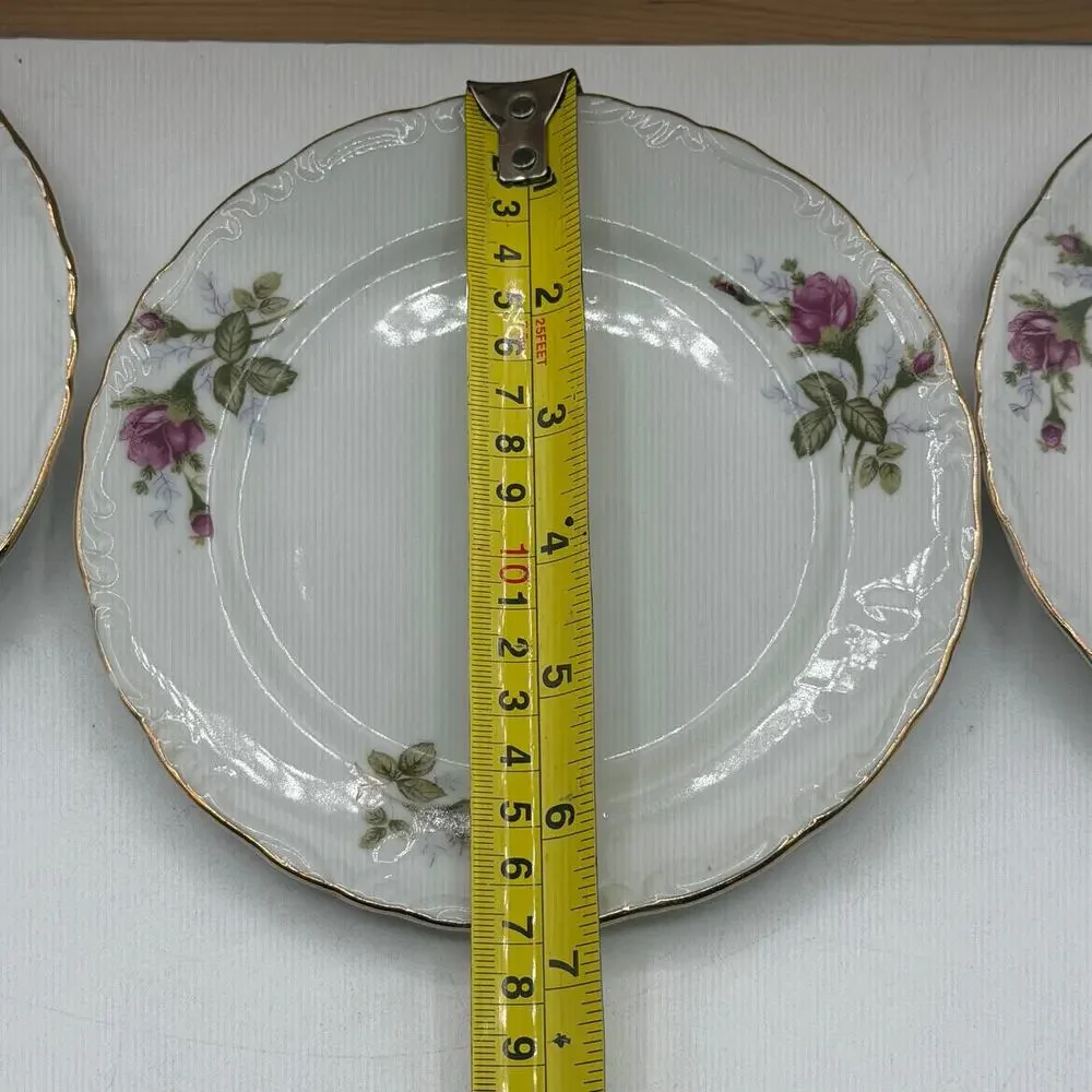 Vintage Pink Rose Porcelain Saucer / Dessert Plates with Gold Trim – Set of 5